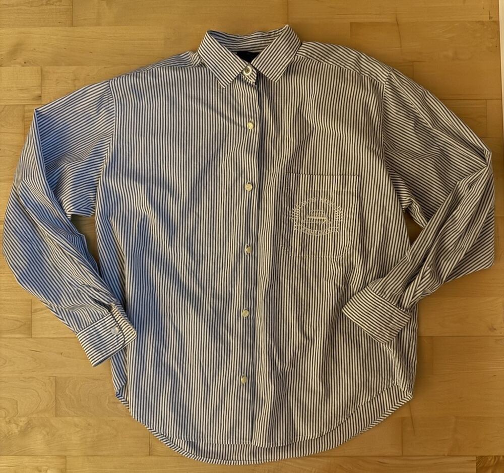 VTG British Khaki Blue White Striped Polo Logo Crest Embroidered 4
